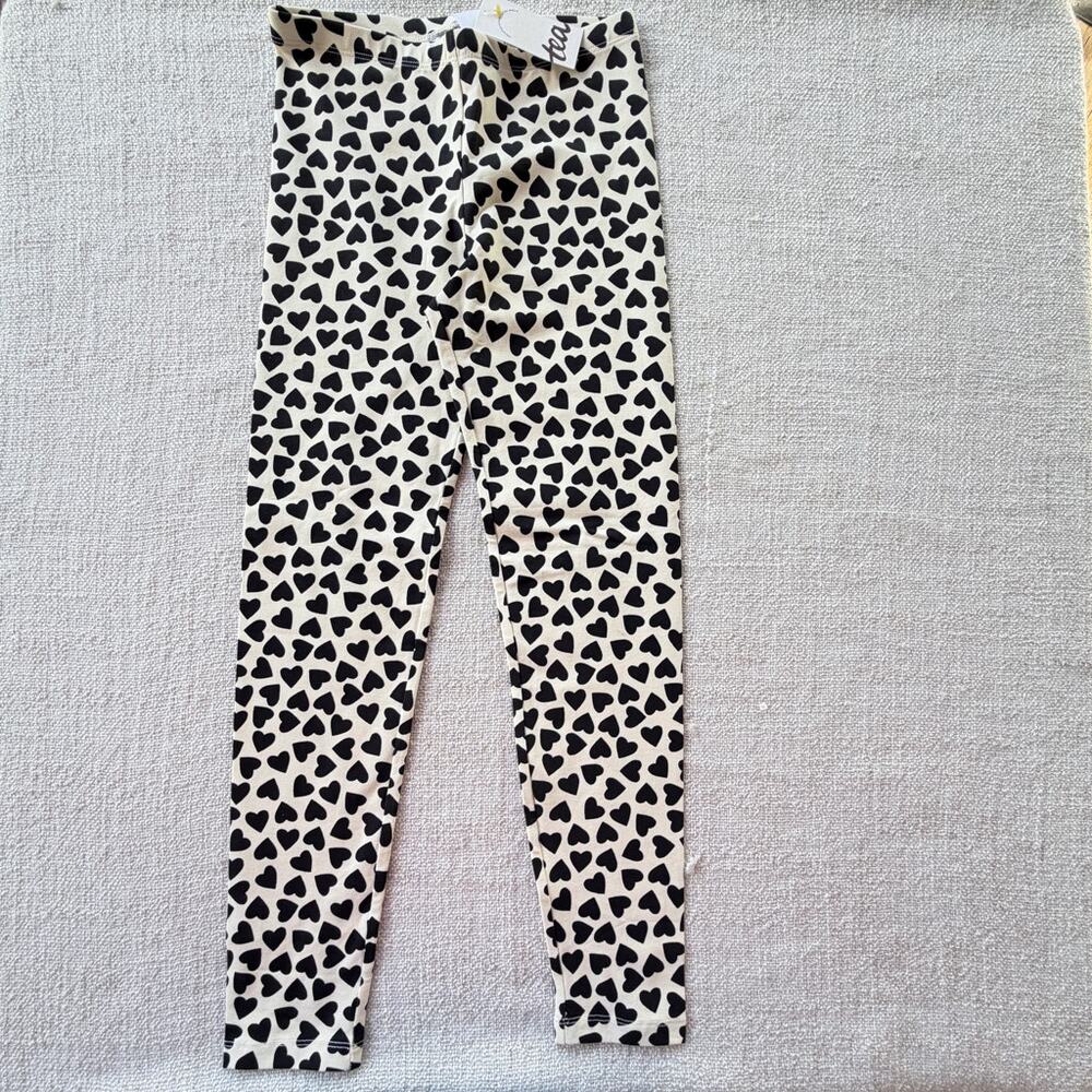 NWT Tea Collection Black & Cream Heart Print Leggings girl's 10